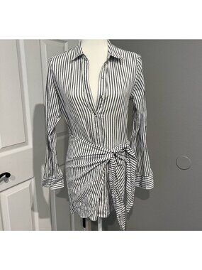 L'Academie Revolve Cloudline Wrap Cotton Dress Indigo Stripe Size Small